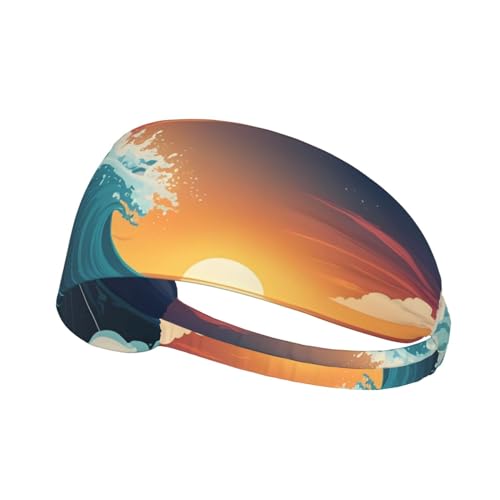 Elastisches Unisex-Sport-Stirnband, feuchtigkeitsableitend, athletisch für Laufen, Training, Outdoor-Sport, Sonnenuntergang und Sonnenaufgang mit Meereswellen-Aufdruck von YYHWHJDE