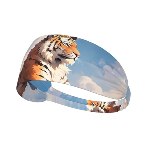 Elastisches Unisex-Sport-Stirnband, feuchtigkeitsableitend, athletisch für Laufen, Training, Outdoor-Sport, majestätischer Tiger, der auf einem Felsen ruht, mit Wolkenhimmel-Aufdruck von YYHWHJDE