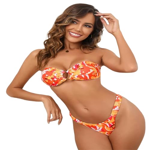 YYNLIN Badeanzug Damen Bikini Push -Up Frauen Badegussbiquini Blumendruck Strandkleidung-Orange-L von YYNLIN
