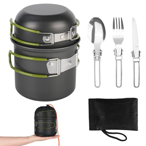YYTECH Camping Kochgeschirr Set, Camping Topf aus Aluminium, Outdoor Kochgeschirr mit Faltbare Besteck, Campinggeschirr 2 Personen, Picknick Topf, Mini Camping Kochset für Picknick Wandern von YYTECH
