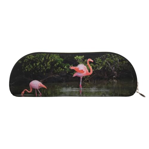 YZHYWJFF Zwei Flamingos bedruckte halbrunde Aufbewahrungstasche aus Leder, geeignet für Schule, Arbeit und Geschäftsreisen, gold, Einheitsgröße, Kulturbeutel von YZHYWJFF