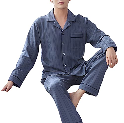 YZJYB Herren Zweiteiliger Schlafanzug Hausanzug Baumwolle Lange Ärmel Pyjama Set Knopfleiste Komfortabel Nachtwäsche,3XL von YZJYB