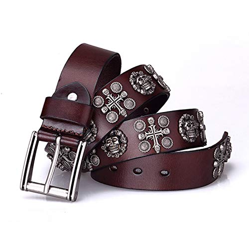 YZJYB Punk Rock Style Echtleder Gürtel mit Dornschließe Schädel Geprägtem Muster Ledergürtel 105cm - 125cm Länge Herren Damen Vintage Western Nieten Belt,Braun,120CM von YZJYB