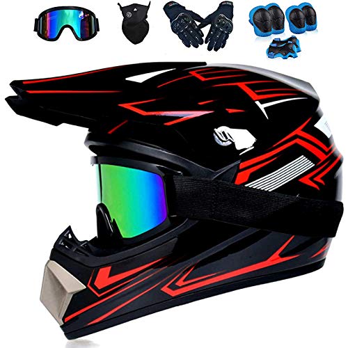 Motocross-Helm Motocross-Helm-Set mit Handschuhen/Brillen/Gesichtsschild/Knie-Pads Erwachsener Off-Road-Motorrad-Helm-Set Geeignet für Erwachsene und Jugendliche,Rot,S（55~56CM） von YZNCHONG
