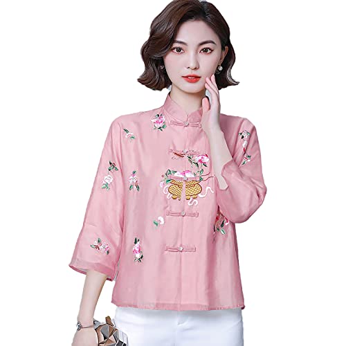Yajun Cheongsam Bluse Im Chinesischen Stil Stickerei Hanfu Retro Tang Anzug Sommer Elegant Stehkragen Lange Ärmel Ethnischer Stil Oberhemd,Pink,4XL(Bust:122cm) von Yajun