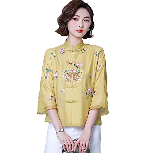 Yajun Cheongsam Bluse Im Chinesischen Stil Stickerei Hanfu Retro Tang Anzug Sommer Elegant Stehkragen Lange Ärmel Ethnischer Stil Oberhemd,Yellow,4XL(Bust:122cm) von Yajun
