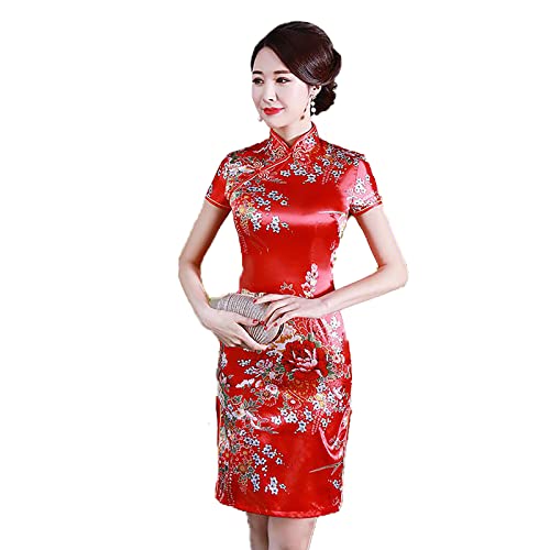 Yajun Cheongsam Kleid für Damen Kurze Seide Satin Chinesisches Traditionelles Qipao Stehkragen Elegantes Figurbetont Abendkleid Sommer Etuikleid,Red,L(Chest:93cm) von Yajun