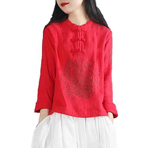 Yajun Lässige Chinesisches Cheongsam Bluse Top Frühlings Qipao Oberhemd Baumwoll Stickerei Lose Kurzarm Elegantes Bequemes Shirt,Red,2XL(73KG) von Yajun