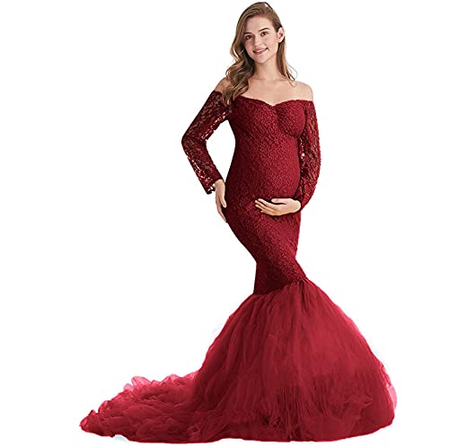 Yajun Spitze Umstandskleid Fotografie Kleid Maxikleid Splice Mesh Schwangerschaft Kleidung Plus Size Schulterloses Frauenkleid,Red,XL(Bust*2:100cm) von Yajun