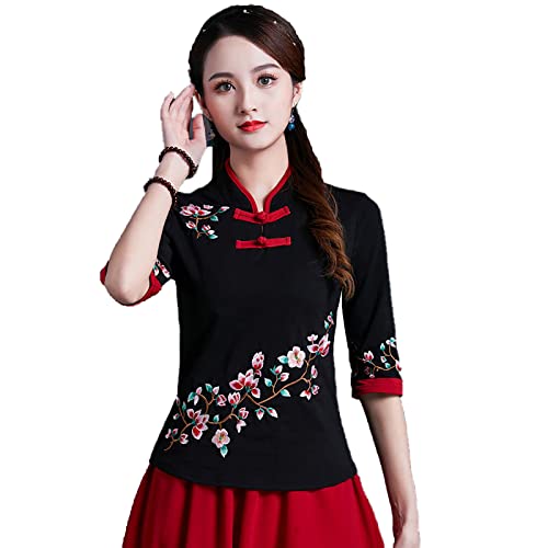 Yajun Traditionelles Chinesisches Cheongsam Bluse Kurzarm Frauen Baumwolle Stickerei Tops Stehkragen Shirt Retro Hanfu Qipao,Black,2XL(53 von Yajun