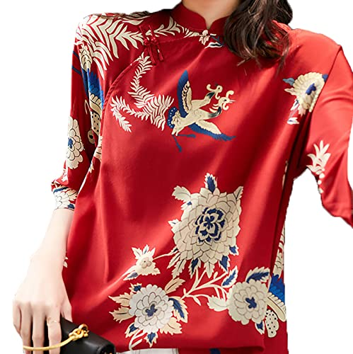 Yajun Vintage Cheongsam Bluse Chinesischen Stil Stehkragen Oberhemd Sommer Lose Top Für Frauen Casual Hanfu Party Tops Outfit,Red,2XL(75KG) von Yajun
