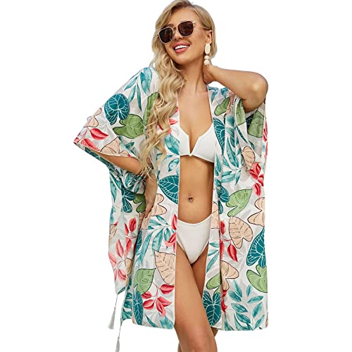 Yfenglhiry Damen-Kimonos mit Blumendruck, lockerer Badeanzug, lässiger Seitenschlitz, Strand, Badeanzug, Oberteil, Strandbekleidung, Strandvertuschung für Damen, gehäkelt, mit Taschen von Yfenglhiry