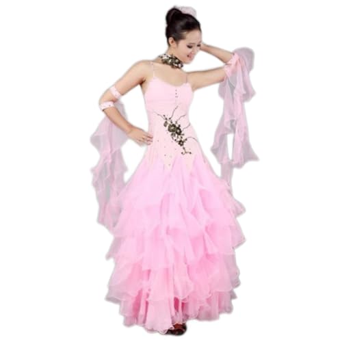 Yhsgscr Ballsaal Wettbewerbskleider Für Erwachsene Flamenco Rock in A-Linie Foxtrott Kleidung Partykleid Für Damen Modern Walzer Tanzoutfit Mit Hosenträgern,Rosa,L von Yhsgscr