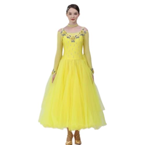 Yhsgscr Professionelle Turnierkleider Für Gesellschaftstanz Moderne Tanzkostüme Bankett Schwingrock Für Damen Nationale Standard Tanzbekleidung Tango Flamenco Kostüm,Gelb,3XL von Yhsgscr
