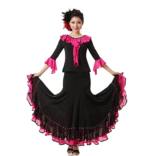 Yhsgscr Trainingskleidung Für Damen Im Standardtanz Tango Tanzrock Walzer Set Einfache Freizeit- Und Trainingskleidung Glatt Weich Nationales Flamenco Standard Outfit,C,L von Yhsgscr