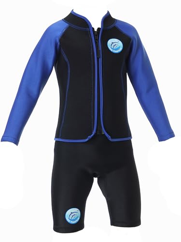 YiZYiF Kinder Mädchen Jungen Neoprenanzug 2,5 Mm Zweiteiliger Uv Schutz Badeanzug Wärmeschutz Neopren Langarm Top Kurze Hose Set Schwarz&Blau 98-116 von YiZYiF