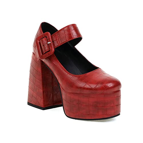 Yigenten Damen Mary Janes Plateau Pumps mit eckiger Spitze Knöchelriemen mit Blockabsatz und hohem Absatz Oxford-Kleidschuhe Schnallenriemen Damen-Kleid-Party-Schuhe (Red,39) von Yigenten