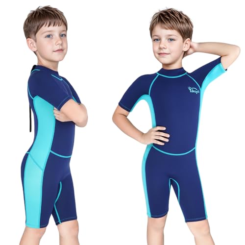 Yikayin Neoprenanzug Kinder Kurz, 2.5mm Neopren Shorty für Jungen Mädchen, Thermo UV Schwimmanzug Rückenreißverschluss zum Schwimmkurs, Tauchen, Surfen, Schnorcheln - Blau L von Yikayin