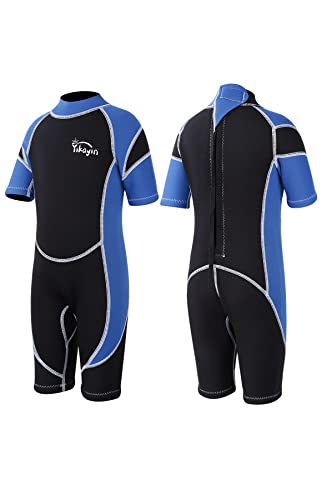 Yikayin Neoprenanzug Kinder Kurz, 2.5mm Neoprenanzug Shorty für Jungen Mädchen, Wärmender Tauchanzug Schwimmanzug Rückenreißverschluss zum Surfen, Schnorcheln, Schwimmen, Kajakfahren - Blau XL von Yikayin