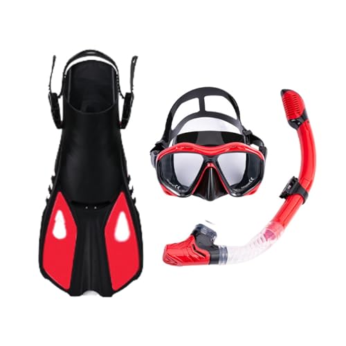 Schnorchelset mit Flossen, Schnorchelausrüstung in Reisegröße mit Schwimmflossen, Hochwertige Tauchermaske für Kinder Erwachsene-Red ||L/XL von Yinova