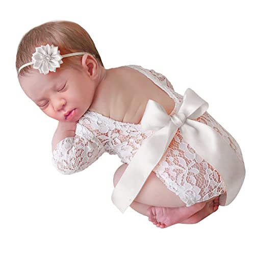 Yinuoday Baby-Foto-Requisiten für Neugeborene, Mädchen, Spitzen-Strampler mit großer Schleife auf der Rückseite und Stirnband, Foto-Requisiten, Outfits für Kleinkinder, 2 Stück von Yinuoday