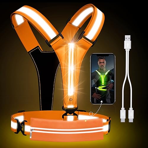 Reflektierende LED-Weste, Laufausrüstung, über wiederaufladbar, leuchtende Laufweste, Brust, Handyhalter für Läufer, Nachtspaziergänge, 6–11 Stunden Licht, verstellbare Taille/Schulter für (orange) von Ylzzrs