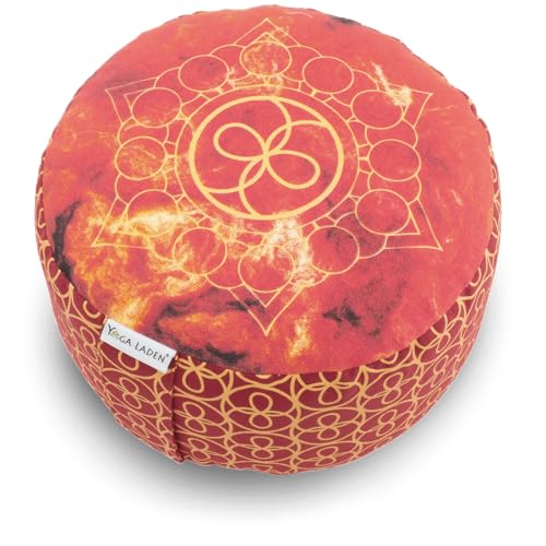 Yoga Laden Meditationskissen Rund - "Classic Chakra Style" - 15cm Hoch - Yoga Sitzkissen mit waschbarem Bezug aus 100% Baumwolle - Bequemes Yogakissen mit Bio Buchweizenschalen Fullung (Rot) von Yoga Laden