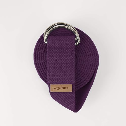 Yogabox Yogagurt Asana Belt Made in Germany aus 100% Baumwolle, mit Metallverschluss aus Zwei D-Ringen, Anfänger & Fortgeschrittene, 2.5 m, aubergine von Yogabox