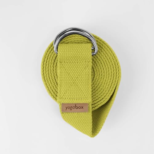 Yogabox Yogagurt Asana Belt Made in Germany aus 100% Baumwolle, mit Metallverschluss aus Zwei D-Ringen, Anfänger & Fortgeschrittene, 2.5 m, lindgrün von Yogabox
