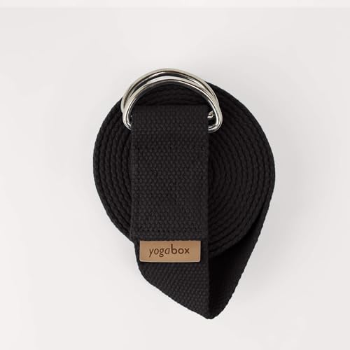 Yogabox Yogagurt Asana Belt Made in Germany aus 100% Baumwolle, mit Metallverschluss aus Zwei D-Ringen, Anfänger & Fortgeschrittene, 2.5 m, schwarz von Yogabox