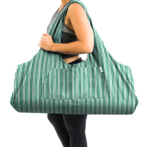 Yogiii YOG_L_line_Emerald Große Tasche für Yogamatten von YogiiiTotePro, große Tasche für Yogamatten mit Seitentasche, passend für die meisten Matten (gestreift, smaragdgrün) von Yogiii