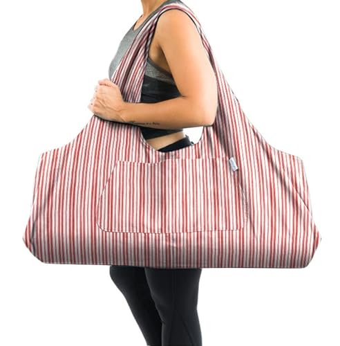 Yogiii YogiiiTotePRO Yogamatten-Tasche, groß, mit Seitentasche, passend für die meisten Matten (gestreiftes Korallenrot) (YOG_L_line_Coral) von Yogiii