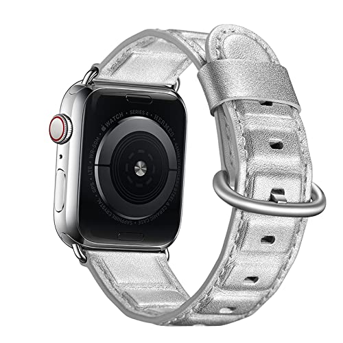 Yohryi Kompatibel mit Apple Watch Armband 49mm 45mm 44mm 42mm 41mm 40mm 38mm, echtes Leder-Armband für Herren und Damen für iWatch Ultra2 Ultra Series 9 8 7 6 5 4 3 2 1 SE,Silver,42/44/45/49mm von Yohryi