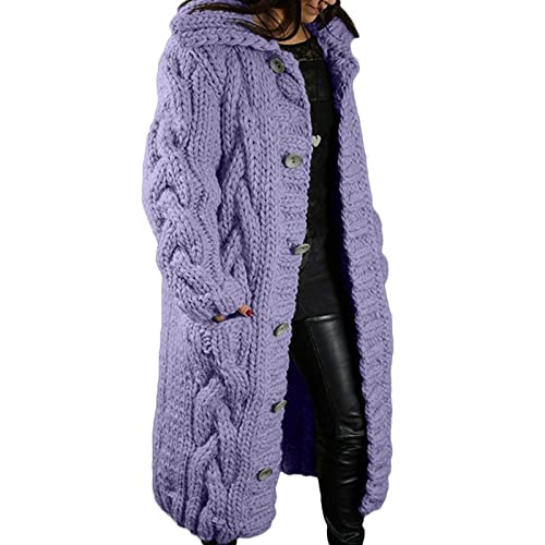 Yokbeer Damen Einfarbige Lange Strickjacke mit Taschen und Langarm Offene Form Cardigan aus Feinstrick, S-XXXXXL (Color : Purple, Size : 5XL) von Yokbeer