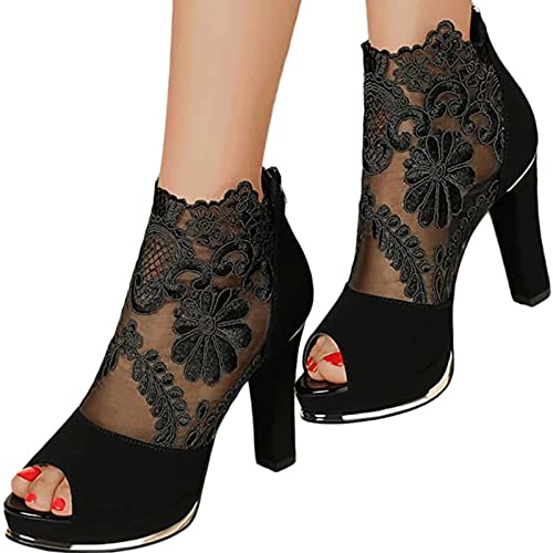 Yokbeer Damen-Stiefeletten, Spitzen-Blumen-Mesh-Einsatz, Stiefel mit Klobigem Absatz, Offene Zehensandalen, Reißverschluss, Partyschuhe (Color : Black, Size : 35EU) von Yokbeer