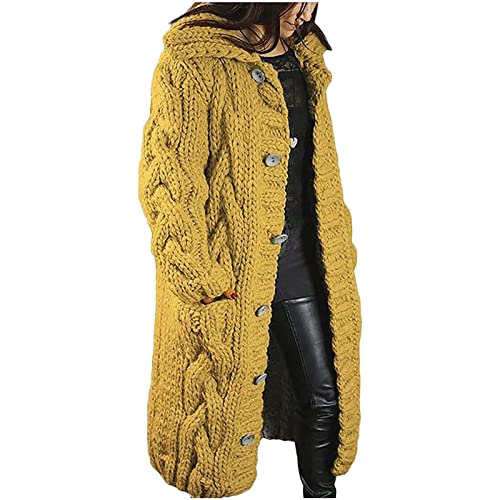 Yokbeer Damen Strickjacke Lang Strick Cardigan Zopfmuster Strickmantel Langarm mit Taschen Open Front Gestrickte Jacke mit Knöpfen S-5XL (Color : Yellow, Size : 5XL) von Yokbeer