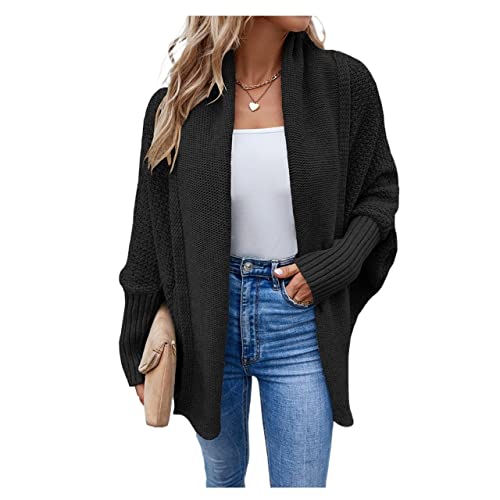 Yokbeer Damen Strickjacke Lang Zopfmuster Oversized Grobstrick Winter Cardigan Strickmantel Casual Top Loose Tunika (Color : Black, Size : S) von Yokbeer