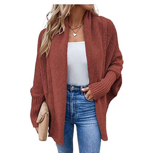 Yokbeer Damen Strickjacke Lang Zopfmuster Oversized Grobstrick Winter Cardigan Strickmantel Casual Top Loose Tunika (Color : Red, Size : XL) von Yokbeer