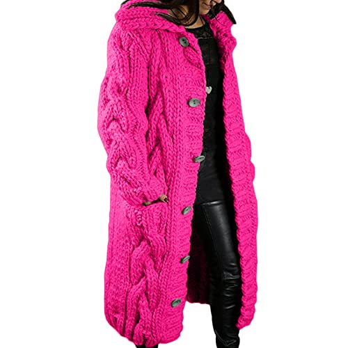 Yokbeer Damen Strickjacke Langarm Offene Lang Strickmantel Casual Einfarbige Strickcardigan High Stretchy Cardigan mit Tasche Winter Pullover Jacke (Color : Pink 2, Size : 5XL) von Yokbeer