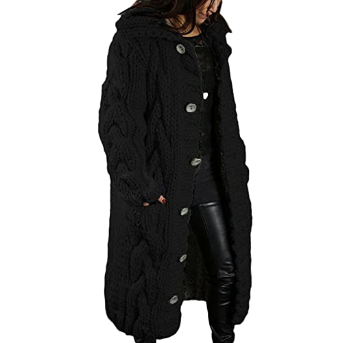 Yokbeer Strickjacke Damen, Lang Einfarbige Grobstrick Strickcardigan, Damen Herbst Winter Strickmantel, Casual Langarm Open Front Sweater Cardigan Outwear mit Tasche (Color : Black, Size : XXL) von Yokbeer