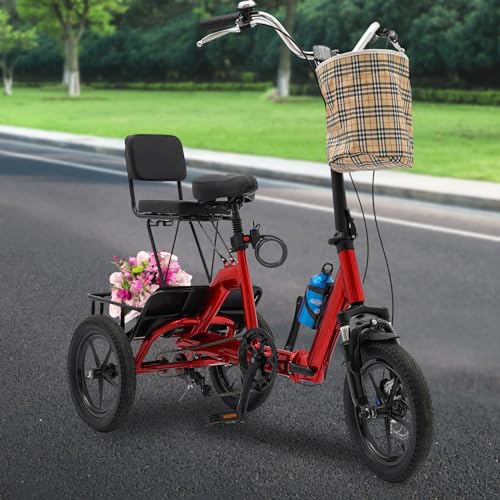 Yolancity Klappbares Dreirad, 14 Zoll Fahrrad mit 3 Rädern für Erwachsene, Klappbar Dreirad mit Einkaufskorb und Rückenlehne, für Jugendliche, Erwachsene, Senioren zwischen 1,6 und 1,8m Groß, Rot von Yolancity