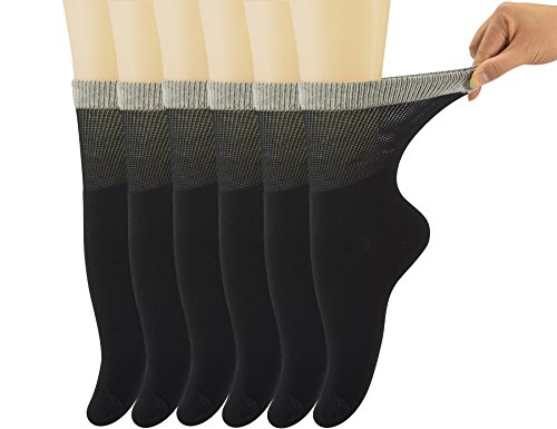 Yomandamor Damen-Bambus, Diabetiker-Crew-Socken mit nicht drückendem Beinabschluss und nahtlosem Zehenbereich, 6 Paar Größe 35–41., damen, 6 Pairs Black, UK:3-8 / EU:35-41 von Yomandamor