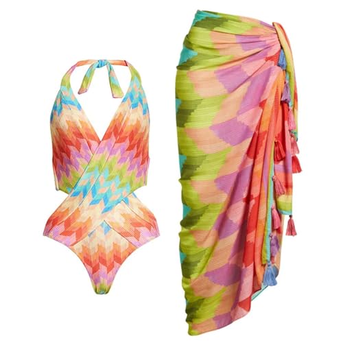 Yooghuge Damen Neckholder Monokini Badeanzug Mit Strandwickel Bauchkontrolle Monokinis Badeanzug Zwei Badeanzüge von Yooghuge