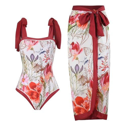 Yooghuge Monokinis Badeanzug Für Damen Mit Strandwickel Vintage Blumendruck Badeanzug Bauchkontrolle Monokinis Badeanzugschutz von Yooghuge