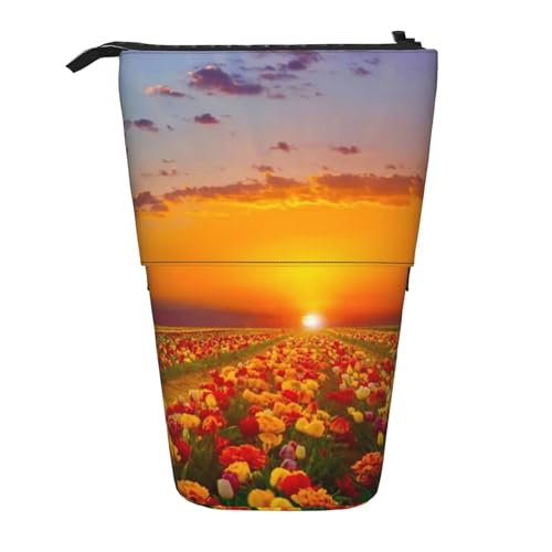 Schöner Sonnenaufgang mit Blumen Teleskop Federmäppchen Bleistifthalter für Büro Stehender Bleistifthalter Pop up Bleistift Tasche Stift Tasche Box Schreibwaren Organizer Box für Arbeit, Schwarz , von YoupO