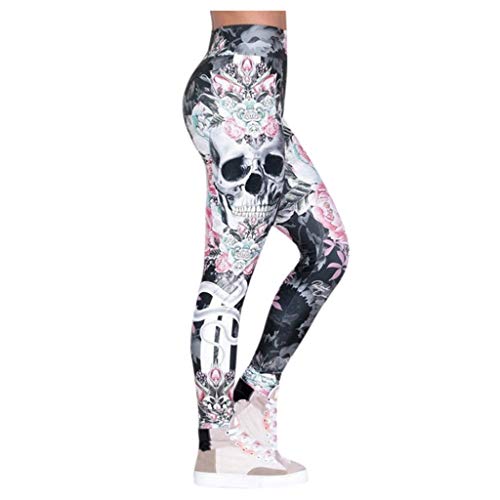 Damen-Leggings, hohe Taille, kaschiert Bäuchlein Hoch taillierte Yogahose mit Totenkopf-Print (XL,3Pink) von Yowablo