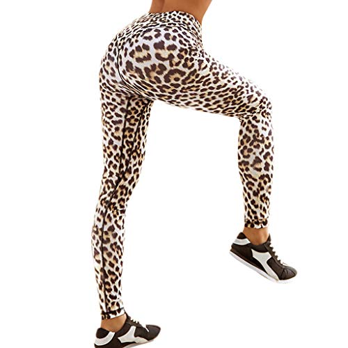 Sport Damen Leggings, Lange Yoga Hose Sporthose Fitnesshose Leopardenmuster (XL,1Weiß) von Yowablo