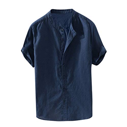Yowablo Bluse Herren Baggy Baumwolle Leinen Solide Kurzarm Knopf Retro T Shirts Tops (3XL,Marine) von Yowablo