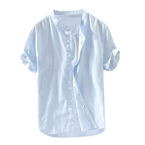Yowablo Bluse Herren Baggy Baumwolle Leinen Solide Kurzarm Knopf Retro T Shirts Tops (4XL,Hellblau) von Yowablo