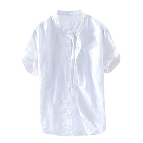 Yowablo Bluse Herren Baggy Baumwolle Leinen Solide Kurzarm Knopf Retro T Shirts Tops (4XL,Weiß) von Yowablo